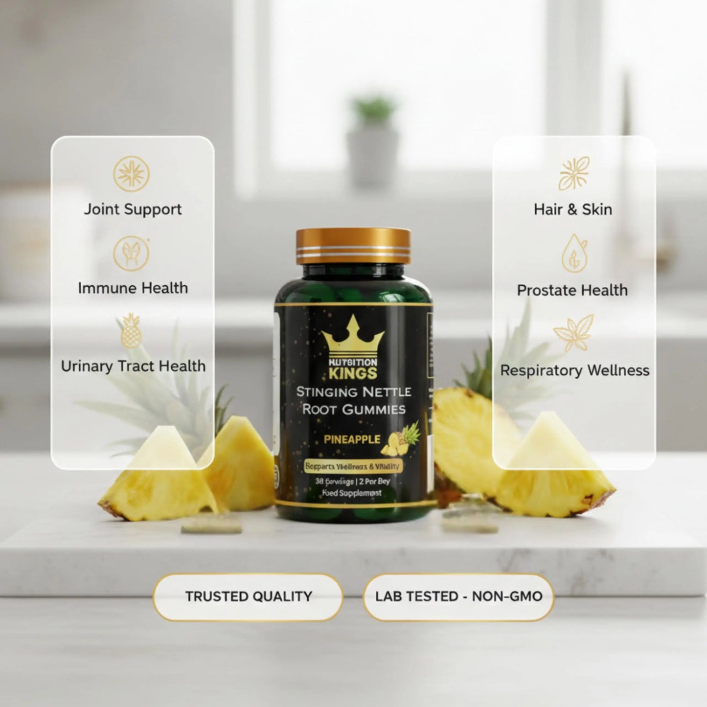 Stinging Nettle Root Gummies – Pineapple Flavor, 60 Count, Vegan Herbal Supplement for Wellness & Balance, Non-GMO Nutrition Kings