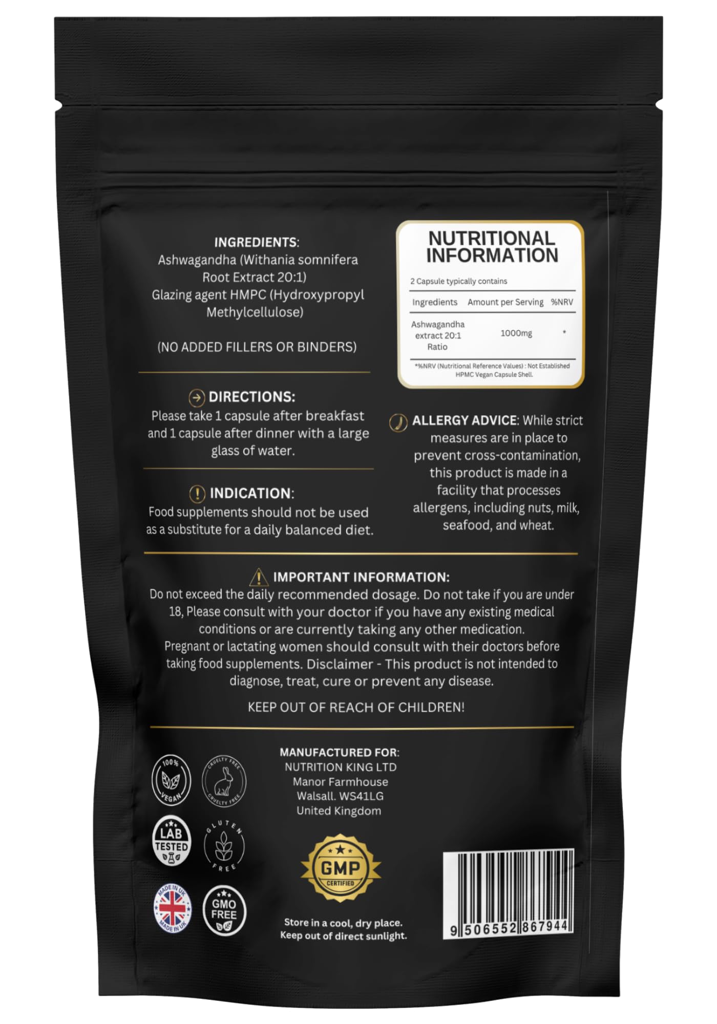 Nutrition Kings Ashwagandha 20:1 Extract – 60 Vegan Capsules – High Strength – Stress & Anxiety Support – No Fillers or Binders – Made in UK Nutrition Kings