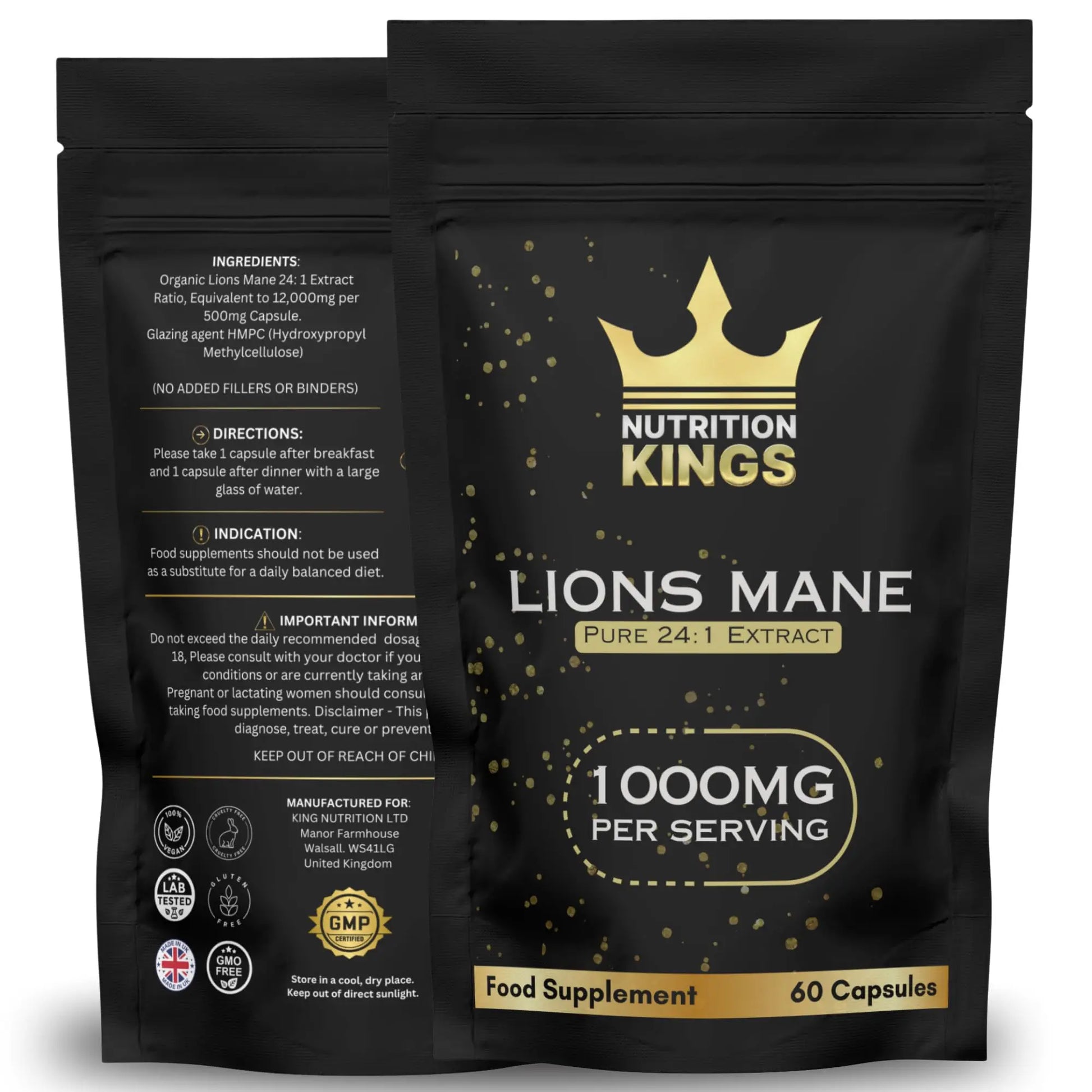 Nutrition Kings Lion’s Mane Mushroom 1000mg – 24:1 Ultra Potent Extract – 60 Vegan Capsules – Supports Memory, Focus, Mental Clarity & Cognitive Health – No Fillers, Non-GMO Nutrition Kings