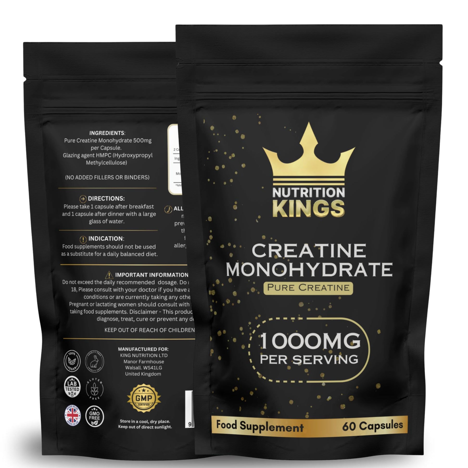 Creatine Monohydrate 1000mg – 60 Vegan Capsules – Muscle Growth, Strength, Endurance, Workout Recovery – Vegan Supplement Nutrition Kings