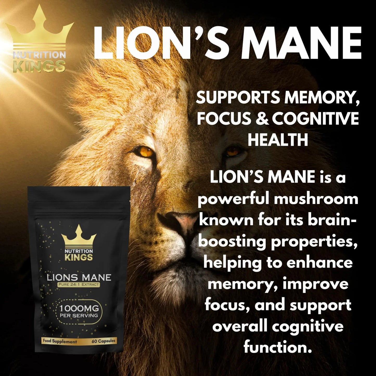 Nutrition Kings Lion’s Mane Mushroom 1000mg – 24:1 Ultra Potent Extract – 60 Vegan Capsules – Supports Memory, Focus, Mental Clarity & Cognitive Health – No Fillers, Non-GMO Nutrition Kings