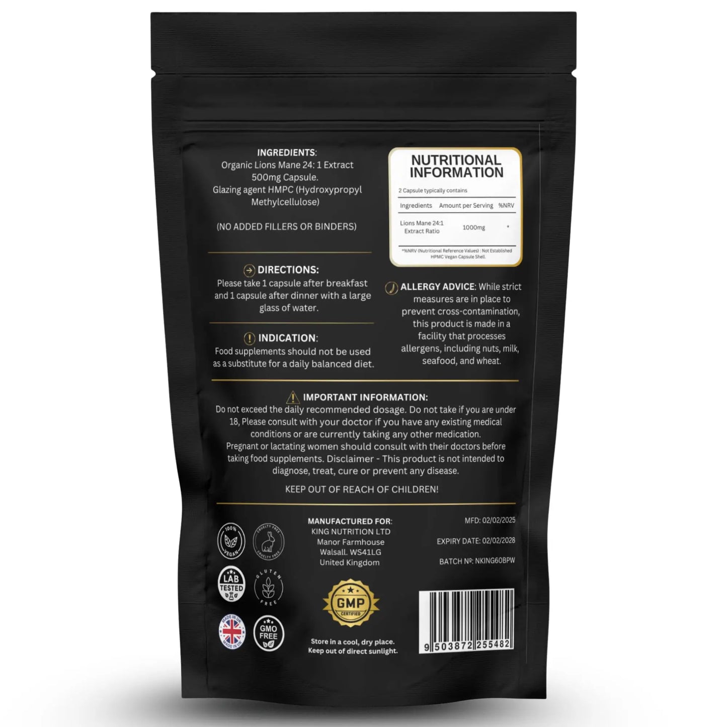 Nutrition Kings Lion’s Mane Mushroom 1000mg – 24:1 Ultra Potent Extract – 60 Vegan Capsules – Supports Memory, Focus, Mental Clarity & Cognitive Health – No Fillers, Non-GMO Nutrition Kings