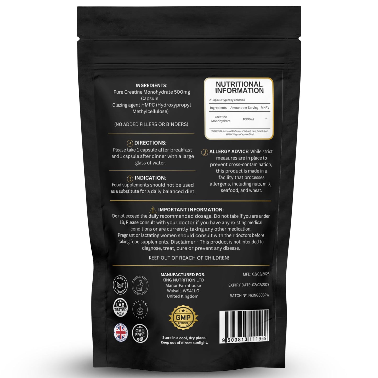 Creatine Monohydrate 1000mg – 60 Vegan Capsules – Muscle Growth, Strength, Endurance, Workout Recovery – Vegan Supplement Nutrition Kings