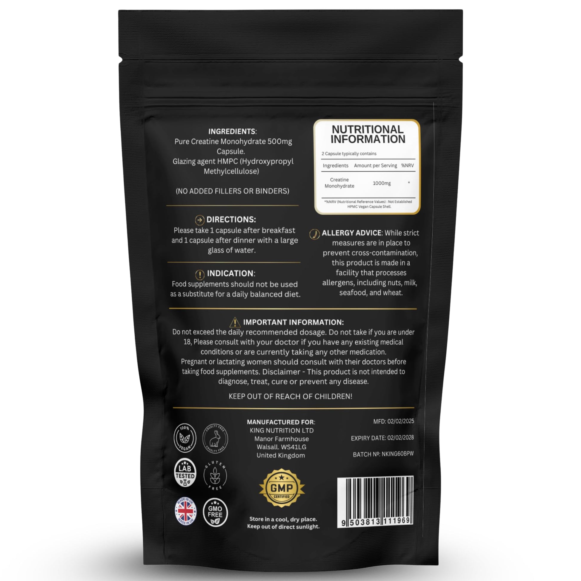 Creatine Monohydrate 1000mg – 60 Vegan Capsules – Muscle Growth, Strength, Endurance, Workout Recovery – Vegan Supplement Nutrition Kings