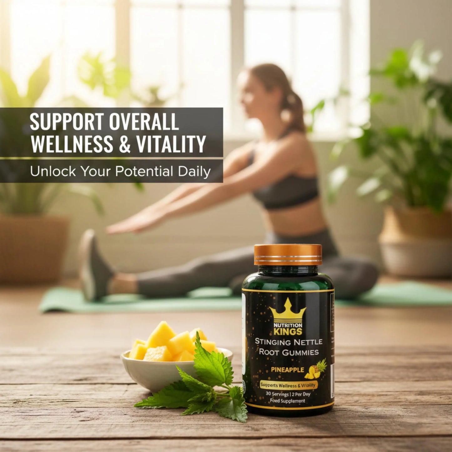 Stinging Nettle Root Gummies – Pineapple Flavor, 60 Count, Vegan Herbal Supplement for Wellness & Balance, Non-GMO Nutrition Kings