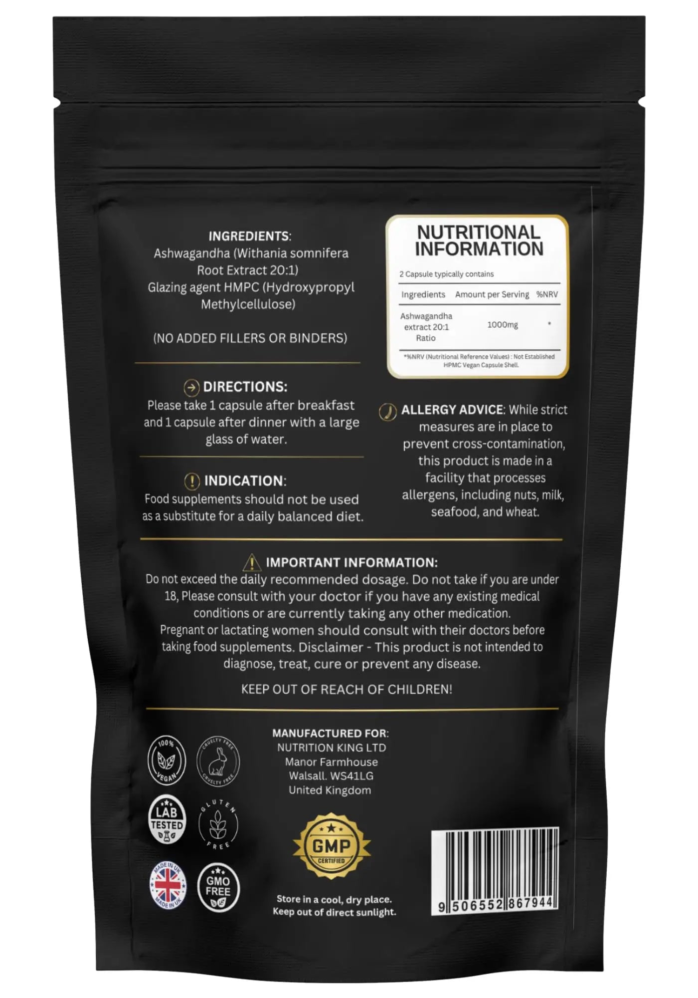 Nutrition Kings Ashwagandha 20:1 Extract – 60 Vegan Capsules – High Strength – Stress & Anxiety Support – No Fillers or Binders – Made in UK Nutrition Kings