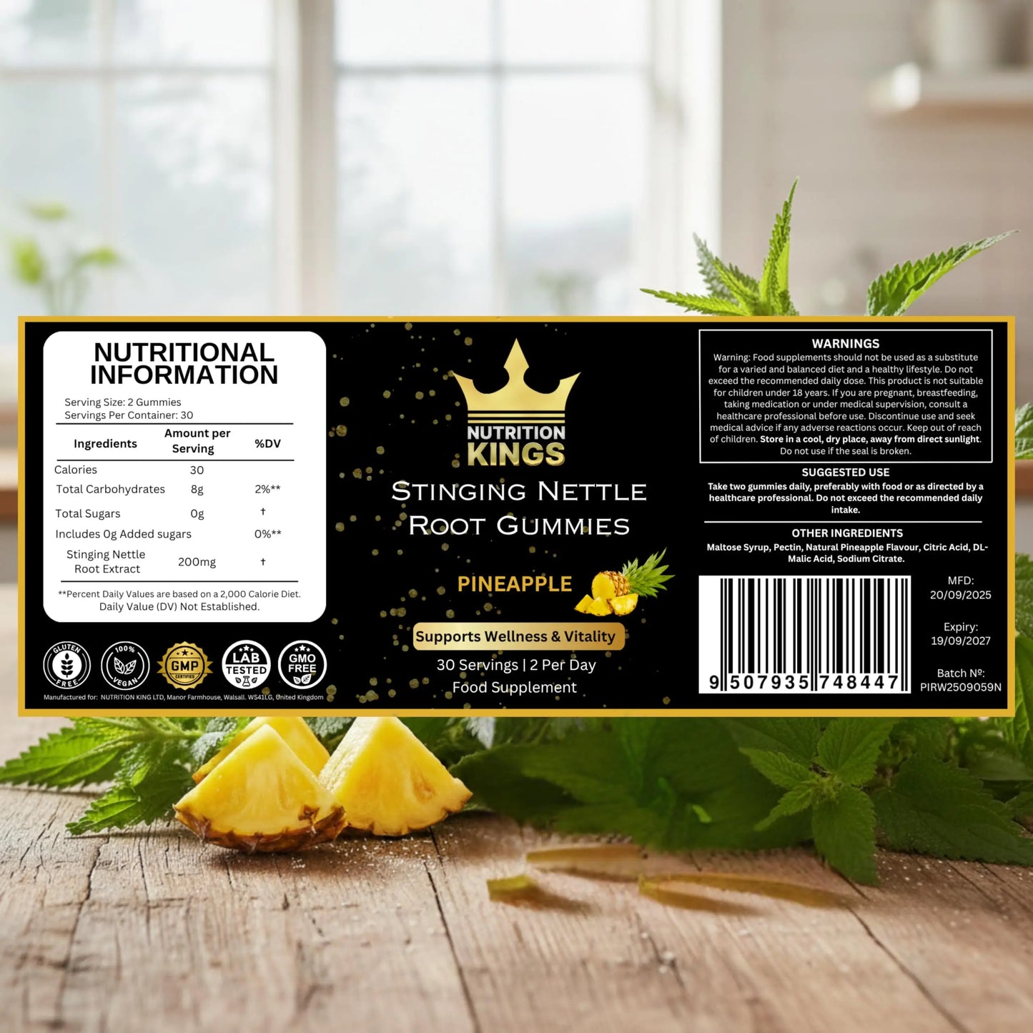 Stinging Nettle Root Gummies – Pineapple Flavor, 60 Count, Vegan Herbal Supplement for Wellness & Balance, Non-GMO Nutrition Kings