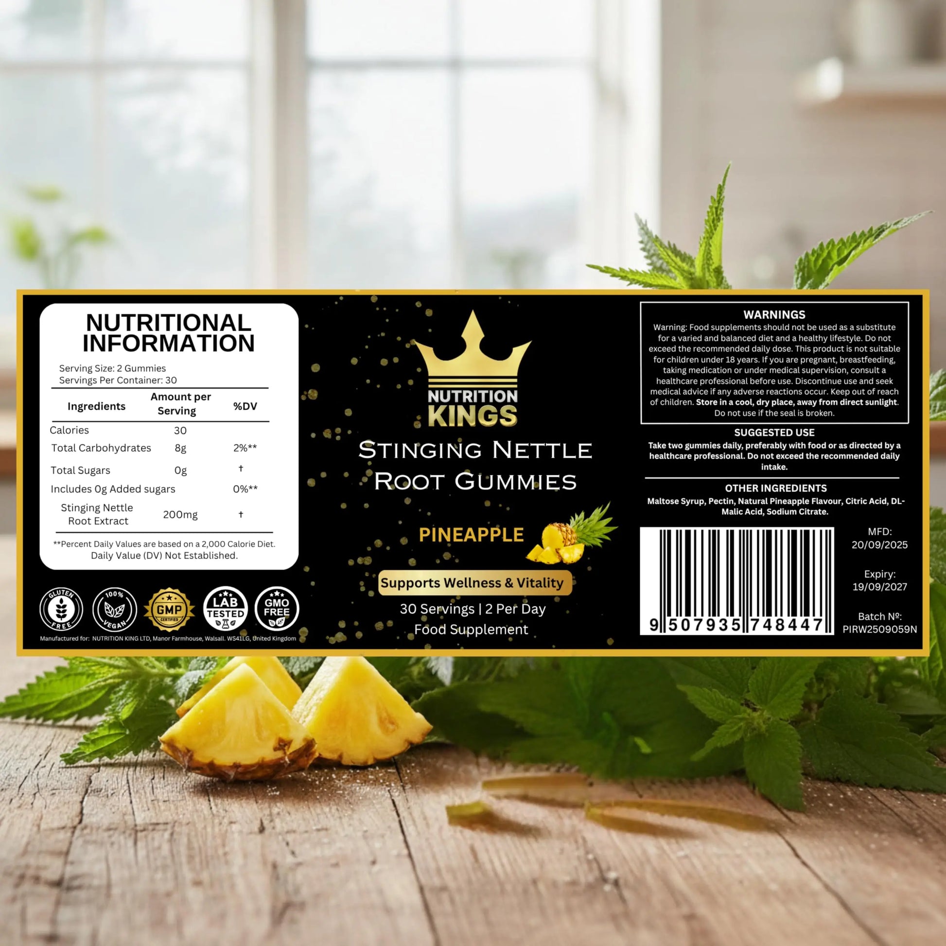 Stinging Nettle Root Gummies – Pineapple Flavor, 60 Count, Vegan Herbal Supplement for Wellness & Balance, Non-GMO Nutrition Kings