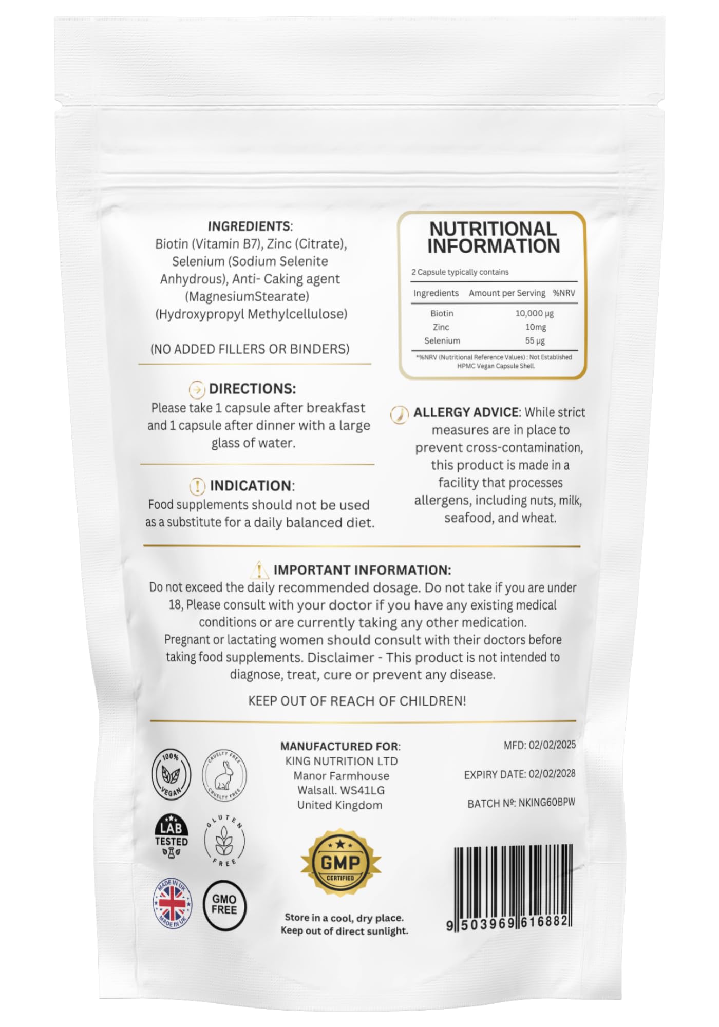 Biotin 10.000mcg | Hair, Nails & Skin Capsules | Pure, Organic, Vegan, 60 Capsules | No Added Fillers Binders Or Artificial Ingedients Nutrition Kings