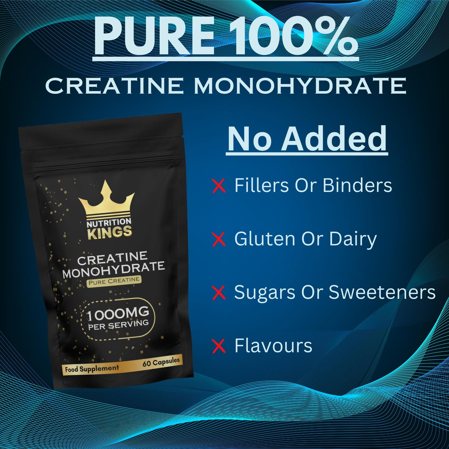 Creatine Monohydrate 1000mg – 60 Vegan Capsules – Muscle Growth, Strength, Endurance, Workout Recovery – Vegan Supplement Nutrition Kings