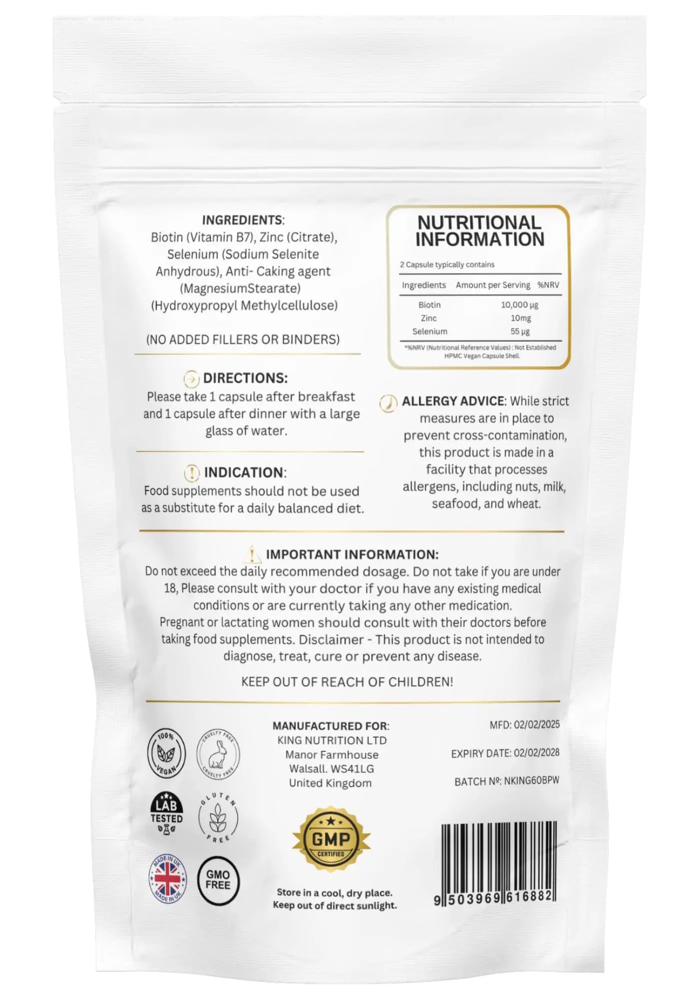 Biotin 10.000mcg | Hair, Nails & Skin Capsules | Pure, Organic, Vegan, 60 Capsules | No Added Fillers Binders Or Artificial Ingedients Nutrition Kings