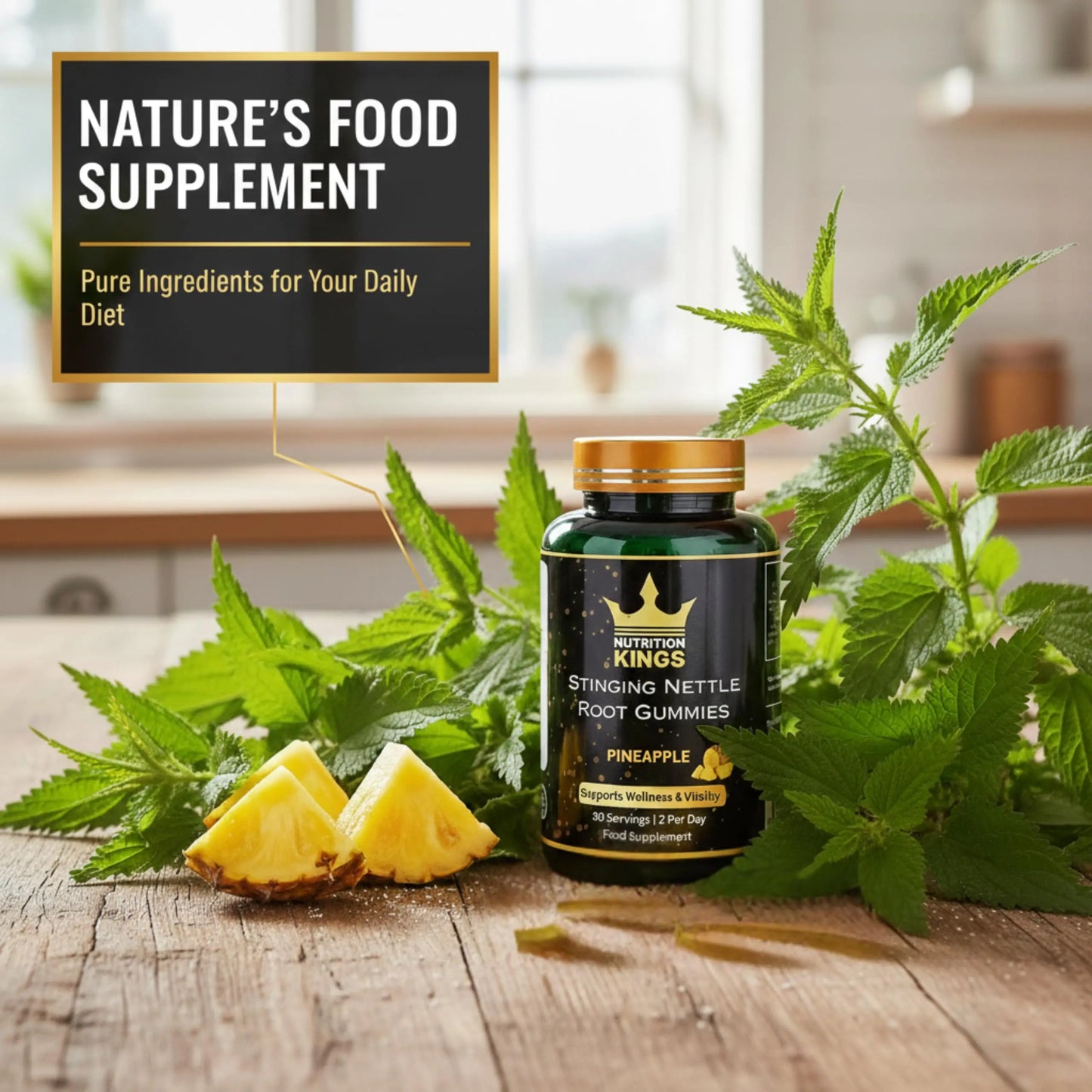 Stinging Nettle Root Gummies – Pineapple Flavor, 60 Count, Vegan Herbal Supplement for Wellness & Balance, Non-GMO Nutrition Kings