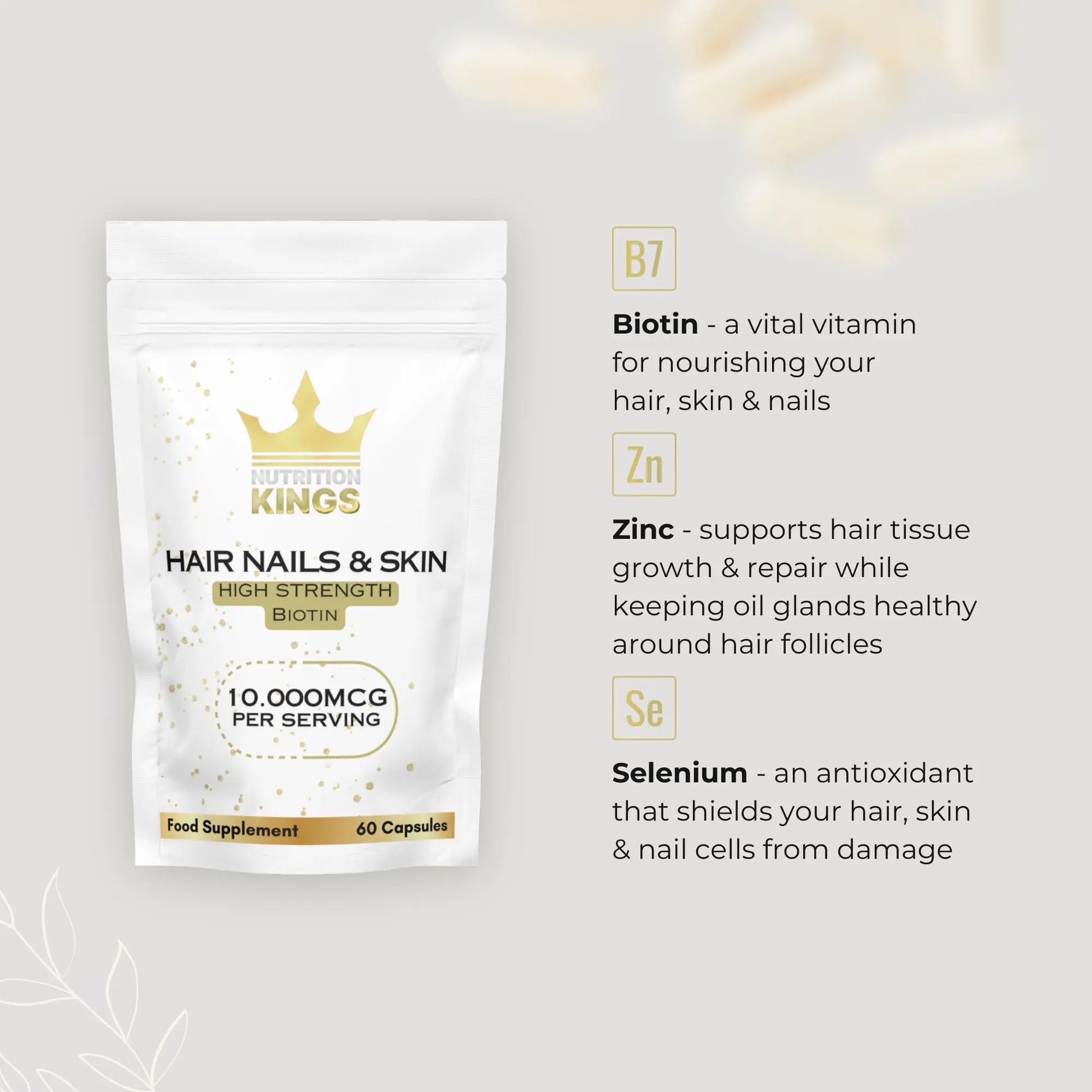 Biotin 10.000mcg | Hair, Nails & Skin Capsules | Pure, Organic, Vegan, 60 Capsules | No Added Fillers Binders Or Artificial Ingedients Nutrition Kings