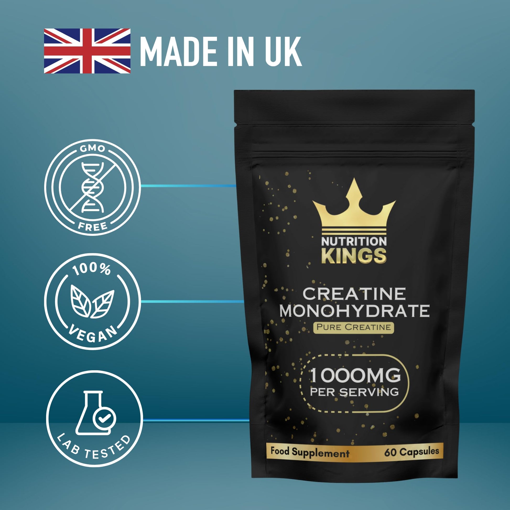 Creatine Monohydrate 1000mg – 60 Vegan Capsules – Muscle Growth, Strength, Endurance, Workout Recovery – Vegan Supplement Nutrition Kings
